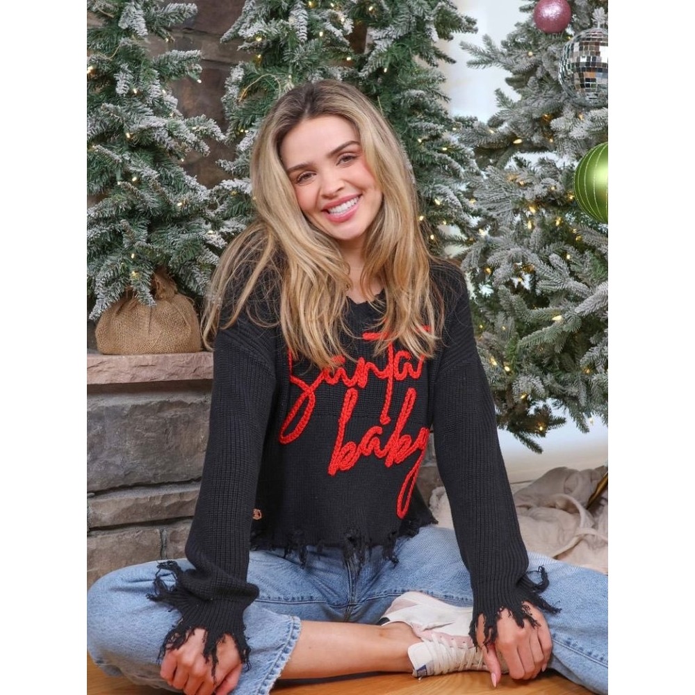 Simply Southern Santa Baby Distressed Knit Sweater Black Red XXL SWTR-KNT-VNCK
